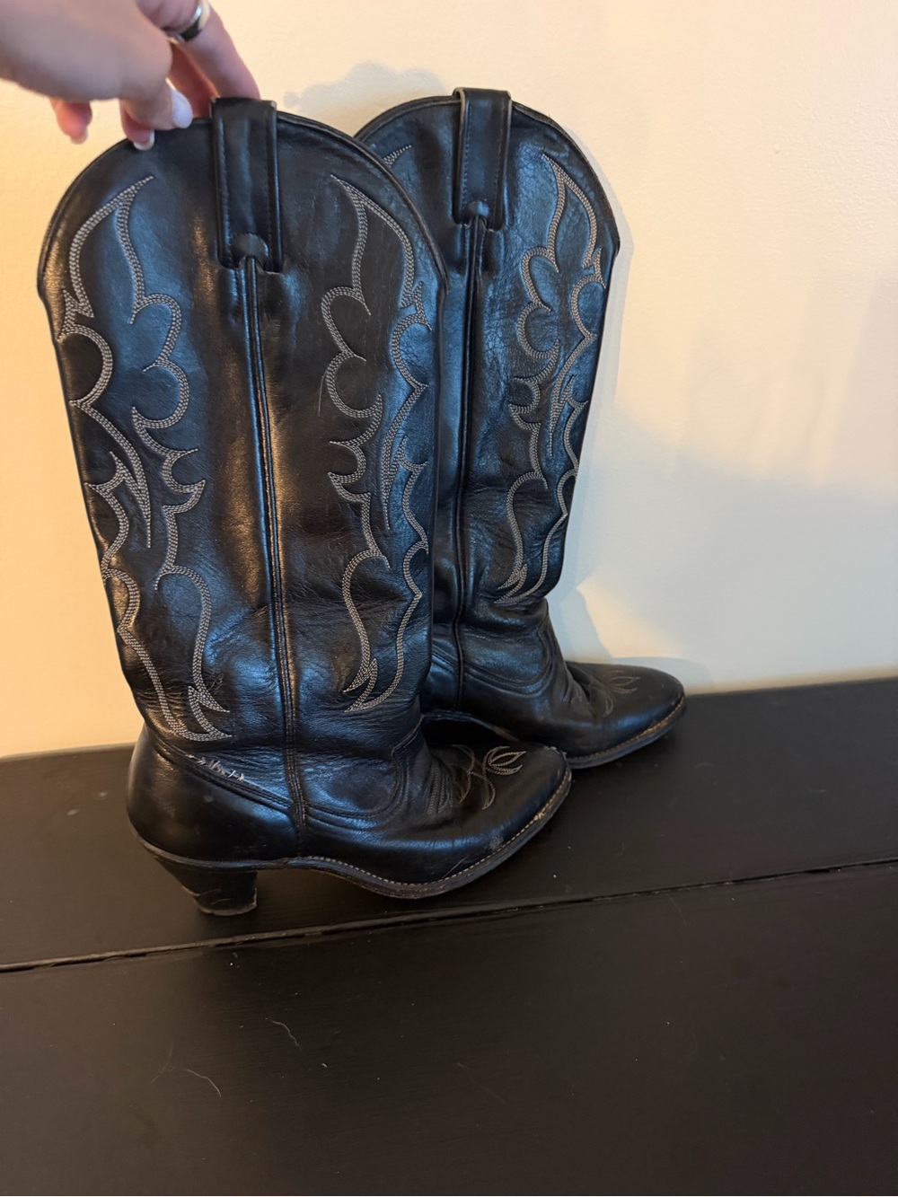 Black Leather Western Cowboy Boots with Embroidered Stitching